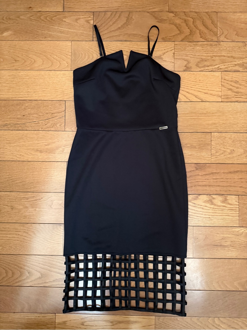 Black Midi Dress with Lattice Hem and V-Notch Neckline